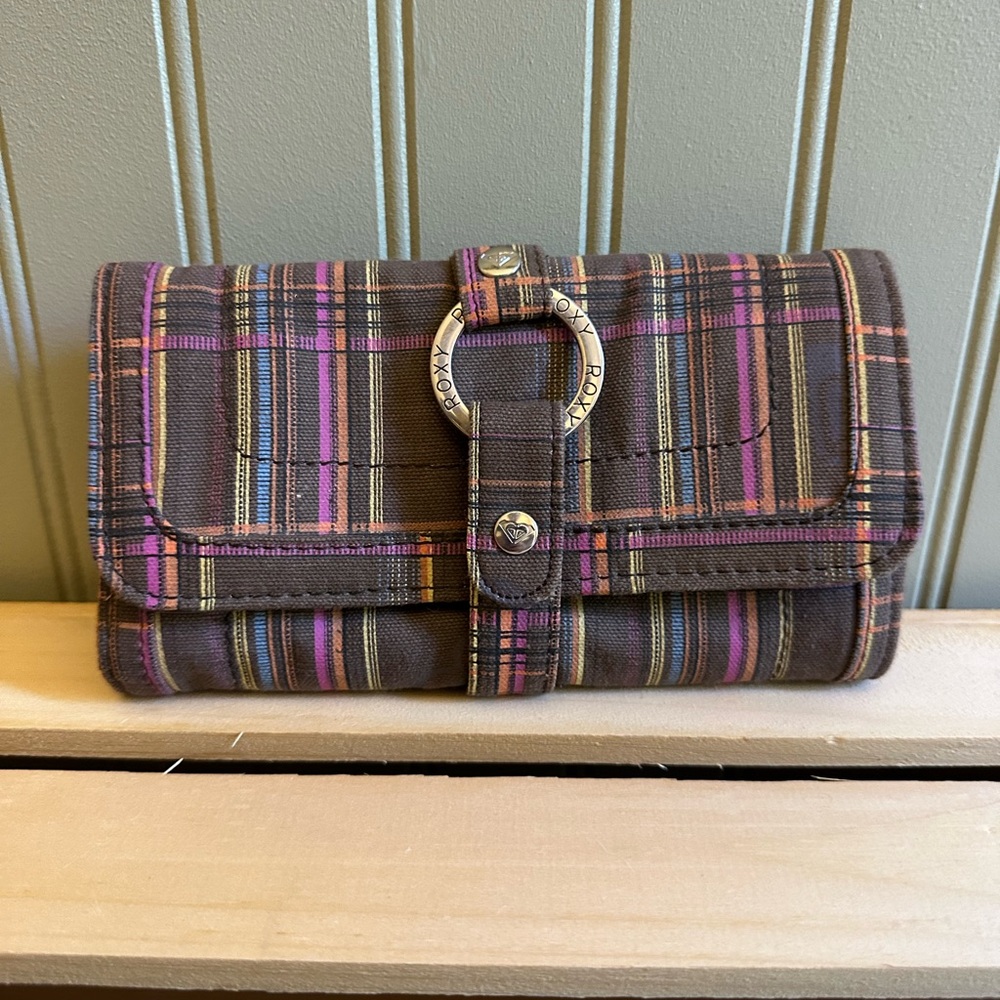Roxy Brown and Pink Wallet with Plaid Pattern